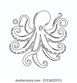 Continuous line drawing of octopus. One line of cephalopod. Marine animal concept continuous line art, Octopus continuous one line drawing vector illustration