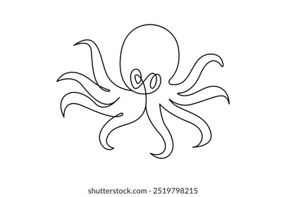Continuous line drawing of octopus. One line of cephalopod. Marine animal concept continuous line art. Editable outline. Continuous Line Drawing of an Octopus