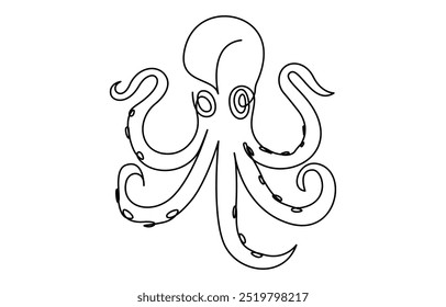 Continuous line drawing of octopus. One line of cephalopod. Marine animal concept continuous line art. Editable outline. Continuous Line Drawing of an Octopus