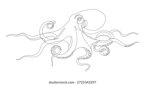 Un dibujo de línea continua de un pulpo, presentado en un estilo minimalista y moderno. Esta obra de arte captura la elegancia y la fluidez de la criatura marina, lo que la convierte en una adición perfecta al diseño