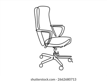 Dibujo de línea continua de la silla de oficina. Ilustración de una sola línea de silla de oficina con ruedas. Interior de la oficina, concepto de silla moderna. Esquema editable