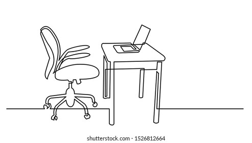 Continuous Line Drawing Of Office Desk With Computer Laptop And Chair