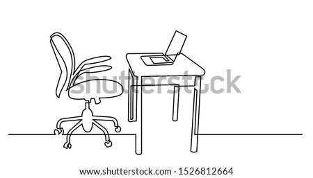 continuous line drawing of office desk with computer laptop and chair
