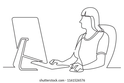 continuous line drawing of office female worker sitting working behind computer display