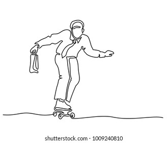 Continuous line drawing. Office man riding skateboard. Vector Illustration