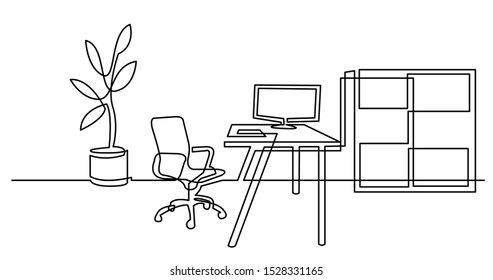continuous line drawing office room and chair desk cabinet   computer