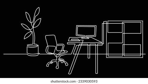 continuous line drawing of office room with chair desk cabinet and computer