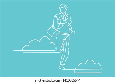  Continuous line, drawing of Office worker jumping happy 