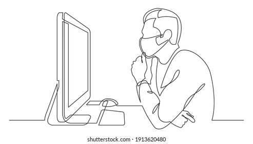 ununterbrochene Zeichnung des Büroangestellten, der hinter dem Computer mit Gesichtsmaske konzentriert ist