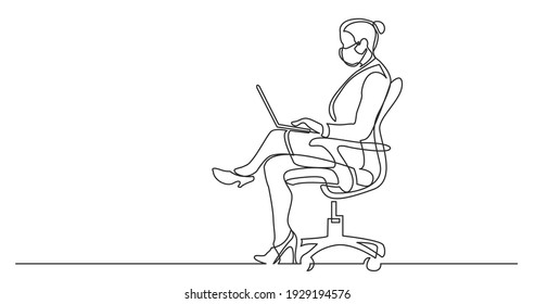 continuous line drawing of office worker wearing face mask sitting working on laptop computer