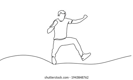 Continuous line, drawing of Office worker jumping happy. Continuous line drawing of expressive happy jumping man showing victory sign. Continuous one line drawing of jumping happy  man.
