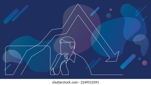 dibujo de línea continua del trabajador de oficina analizando gráfico decreciente en pantalla de computadora
