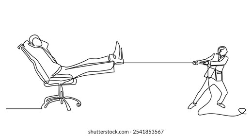 continuous line drawing of office worker pulling the boss sitting on a chair.one line drawing of businessman pulling the boss with a rope.single line vector illustration of job challenges