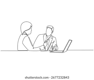 Dibujo de línea continuo del trabajador de oficina haciendo discusión. Ilustración de una sola línea de la discusión de dos compañeros de trabajo. Concepto de negocio. Esquema editable

