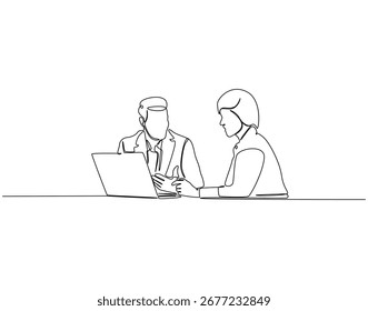 Desenho de linha contínuo do funcionário de escritório fazendo discussão. Ilustração de linha única de duas discussões de colegas de trabalho. Conceito comercial. Estrutura de tópicos editável
