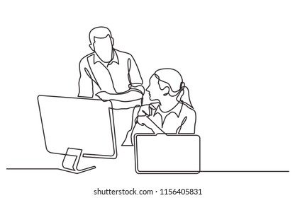 continuous line drawing of office workers discussing problem