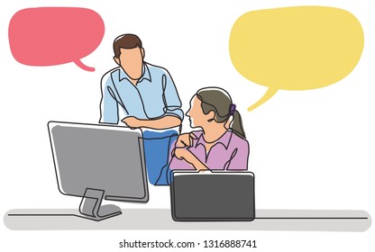 continuous line drawing of office workers discussing problem