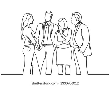 Continuous line drawing of office workers standing at business meetings. Group of business people chatting after the meeting. Vector