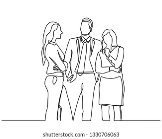 Continuous line drawing of office workers standing at business meetings. Group of business people chatting after the meeting. Vector