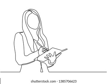 continuous line drawing of office workers standing at business meetings. female administrative manager making notes of information. vector illustration isolated on white background