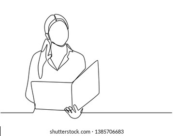 continuous line drawing of office workers standing at business meetings. female administrative manager making notes of information. vector illustration isolated on white background