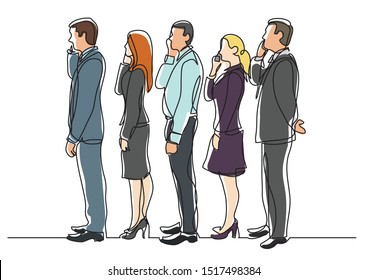 continuous line drawing of office workers standing in line making phone calls