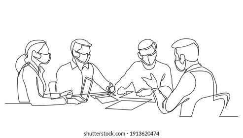 Continuous Line Drawing Of Office Workers At Business Meeting Wearing Face Masks