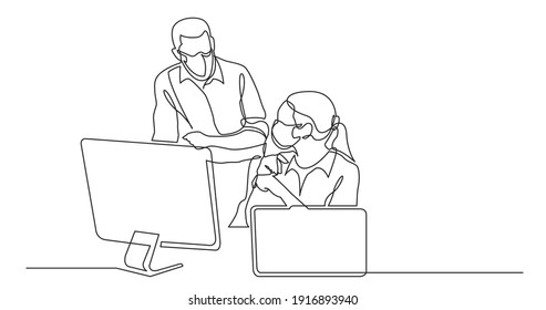 continuous line drawing of office workers discussing problem wearing face masks