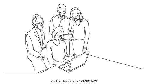 continuous line drawing of office workers discussion with laptop computer wearing face masks