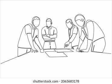 dibujo en línea continua de los trabajadores de oficina en la reunión de negocios