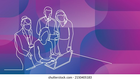 continuous line drawing of office workers discussion with laptop computer