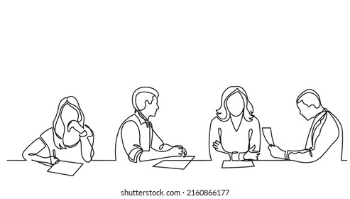 continuous line drawing of office workers at business meeting