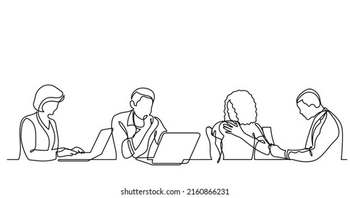continuous line drawing of office workers at business meeting