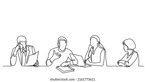 dibujo en línea continua de los trabajadores de oficina en la reunión de negocios
