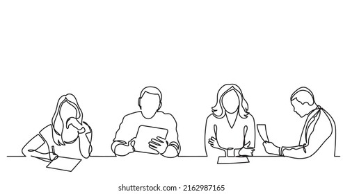 continuous line drawing of office workers at business meeting