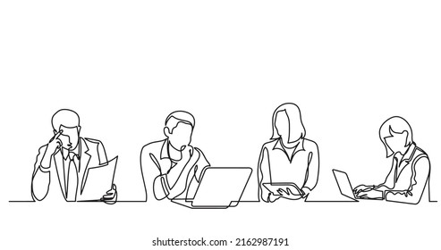 continuous line drawing of office workers at business meeting