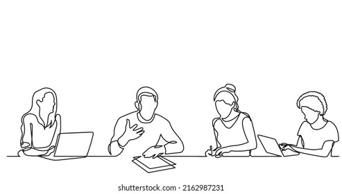 Continuous Line Drawing Of Office Workers At Business Meeting