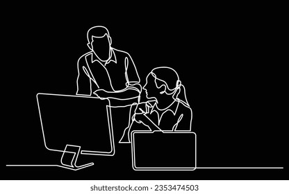continuous line drawing of office workers discussing problem