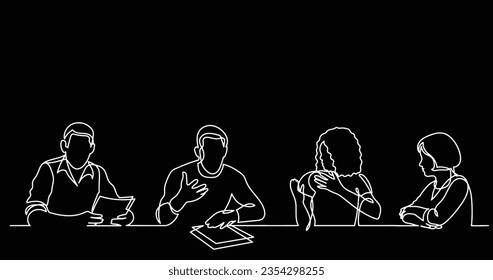 continuous line drawing of office workers at business meeting