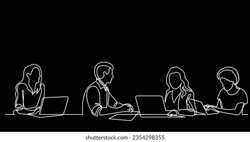 continuous line drawing of office workers at business meeting