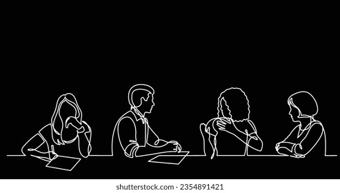 continuous line drawing of office workers at business meeting