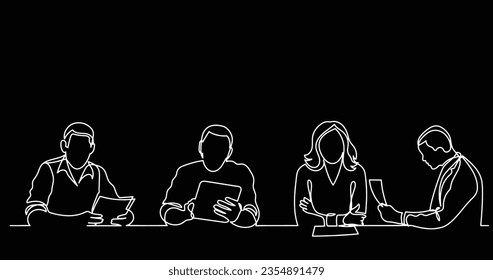 continuous line drawing of office workers at business meeting