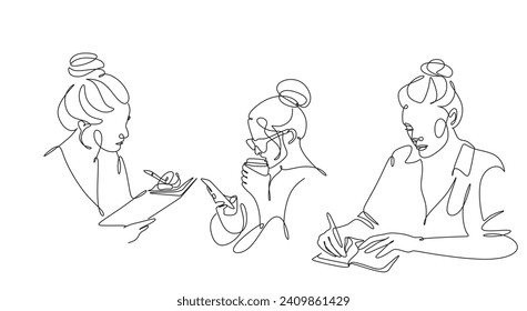 continuous line drawing of office workers standing at business meetings. female administrative manager making notes of information. vector illustration isolated on white background