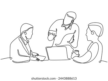 continuous line drawing of office workers at business meeting. Vector illustration minimalist lineart design.