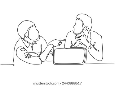 dibujo continuo de la línea de los trabajadores de oficina en la reunión de negocios