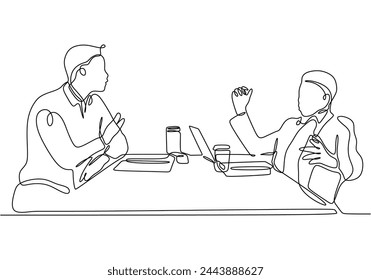 continuous line drawing of office workers at business meeting