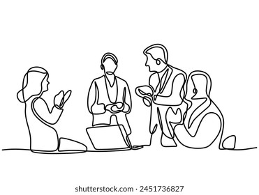 continuous line drawing of office workers at business meeting