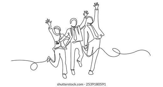 continuous line drawing of office workers happy and jumping.one line drawing of group of business people jumping.single line vector illustration.isolated white background