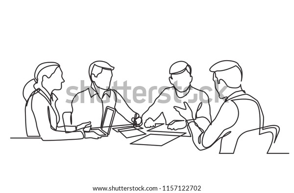 continuous line drawing of office workers at\
business meeting