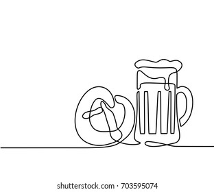 Continuous line drawing. Oktoberfest Beer mug and pretzel. Vector illustration